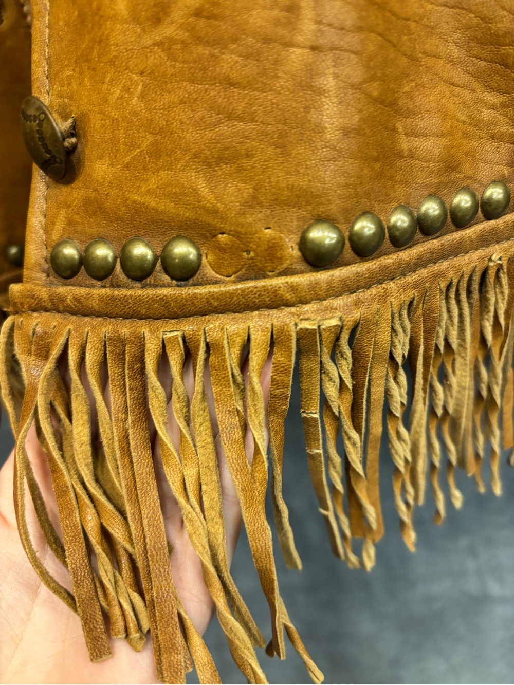 Medium Double D Ranch Tan Fringe Studded Western Cowgirl Leather Jacket - Picture 4 of 11